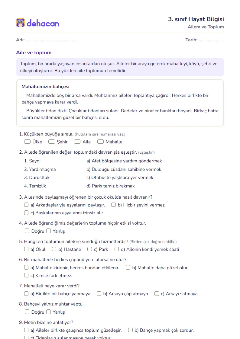 3. sınıf Hayat Bilgisi çalışma kâğıdı: Ailem ve Toplum, sorular ve cevap anahtarı