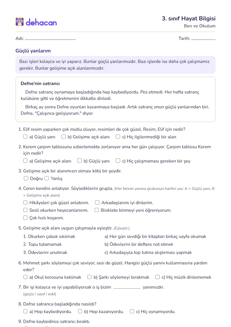 3. sınıf Hayat Bilgisi çalışma kâğıdı: Ben ve Okulum, sorular ve cevap anahtarı