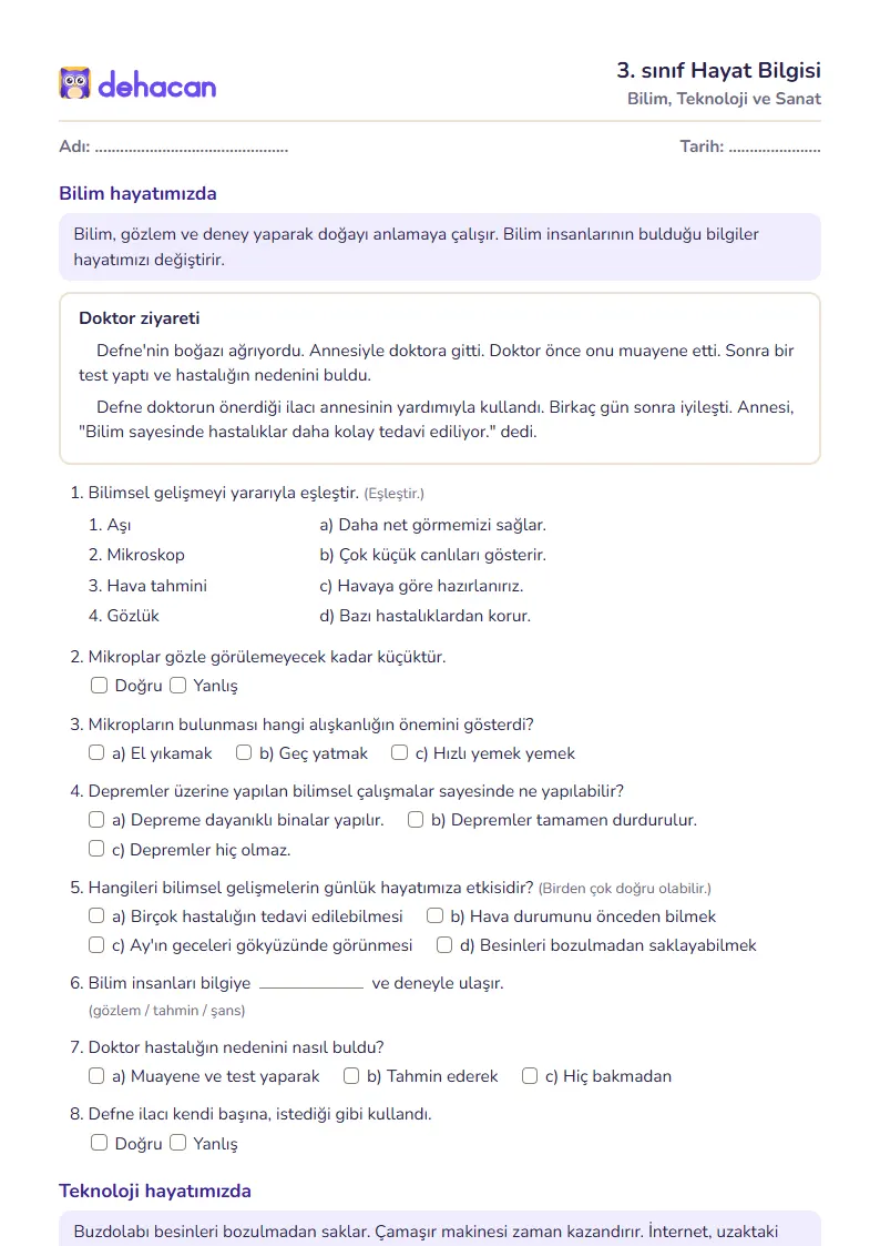 3. sınıf Hayat Bilgisi çalışma kâğıdı: Bilim, Teknoloji ve Sanat, sorular ve cevap anahtarı