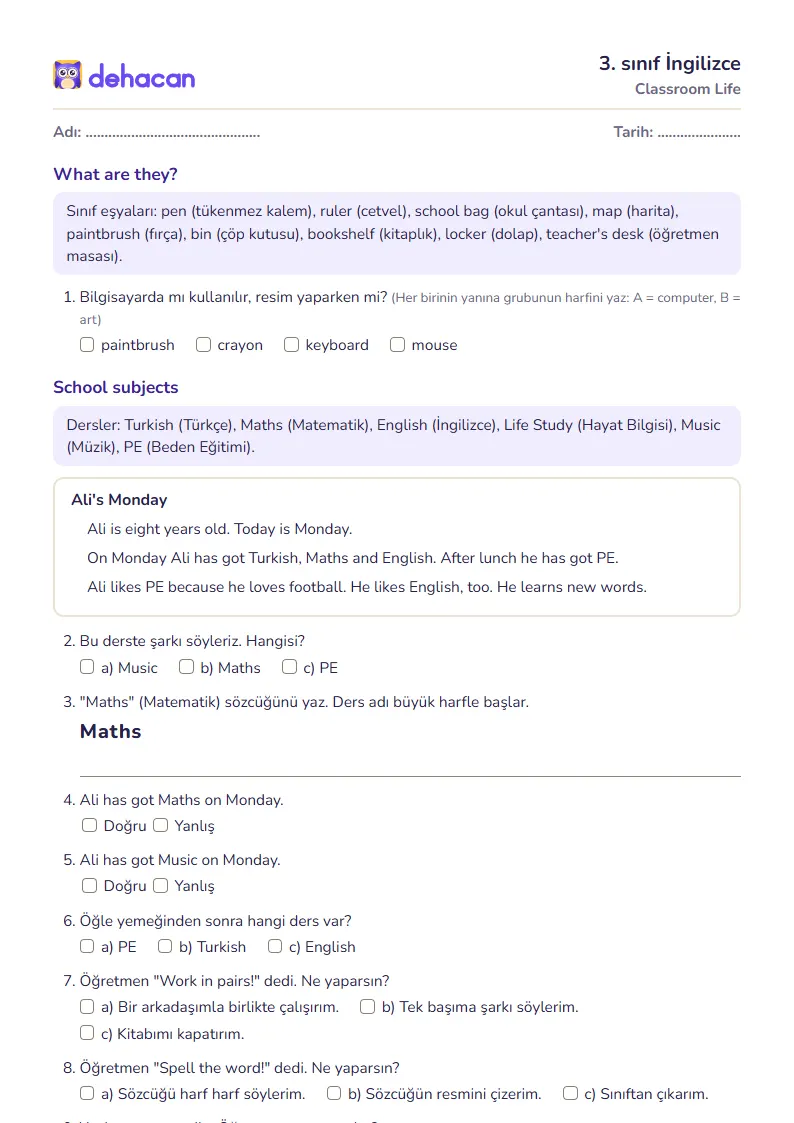 3. sınıf İngilizce çalışma kâğıdı: Classroom Life, sorular ve cevap anahtarı