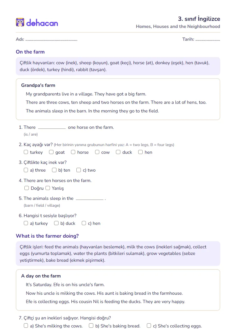 3. sınıf İngilizce çalışma kâğıdı: Homes, Houses and the Neighbourhood, sorular ve cevap anahtarı