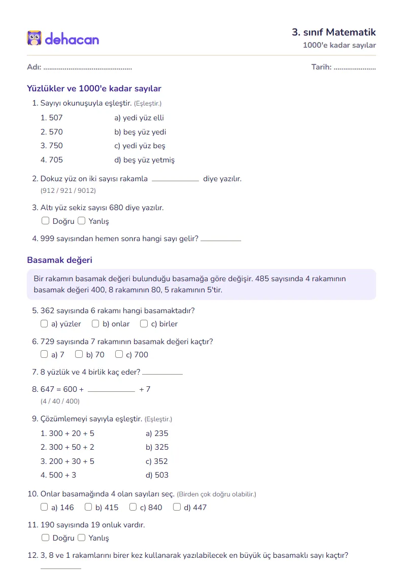 3. sınıf Matematik çalışma kâğıdı: 1000'e kadar sayılar, sorular ve cevap anahtarı