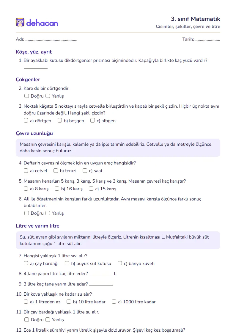 3. sınıf Matematik çalışma kâğıdı: Cisimler, şekiller, çevre ve litre, sorular ve cevap anahtarı