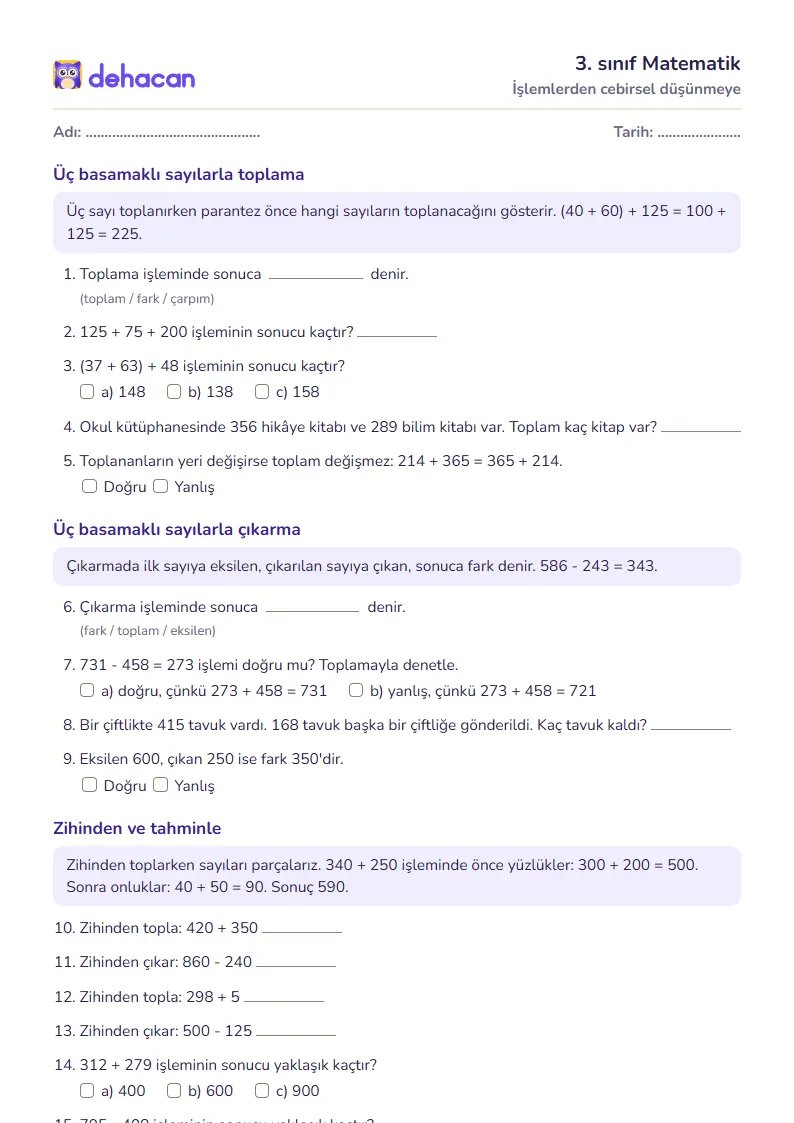 3. sınıf Matematik çalışma kâğıdı: İşlemlerden cebirsel düşünmeye, sorular ve cevap anahtarı