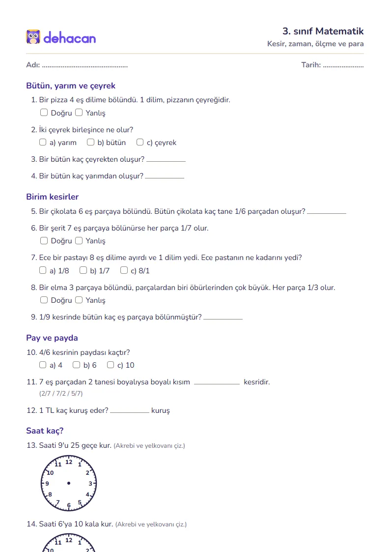 3. sınıf Matematik çalışma kâğıdı: Kesir, zaman, ölçme ve para, sorular ve cevap anahtarı
