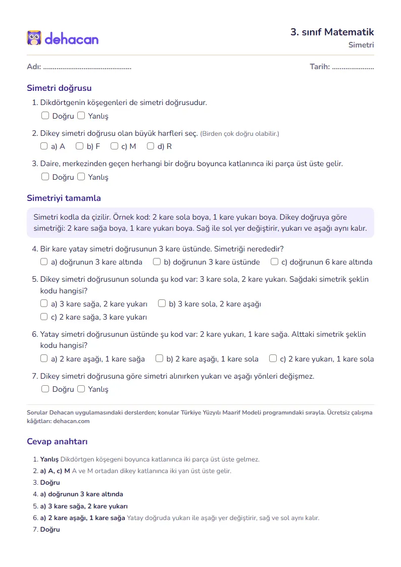 3. sınıf Matematik çalışma kâğıdı: Simetri, sorular ve cevap anahtarı
