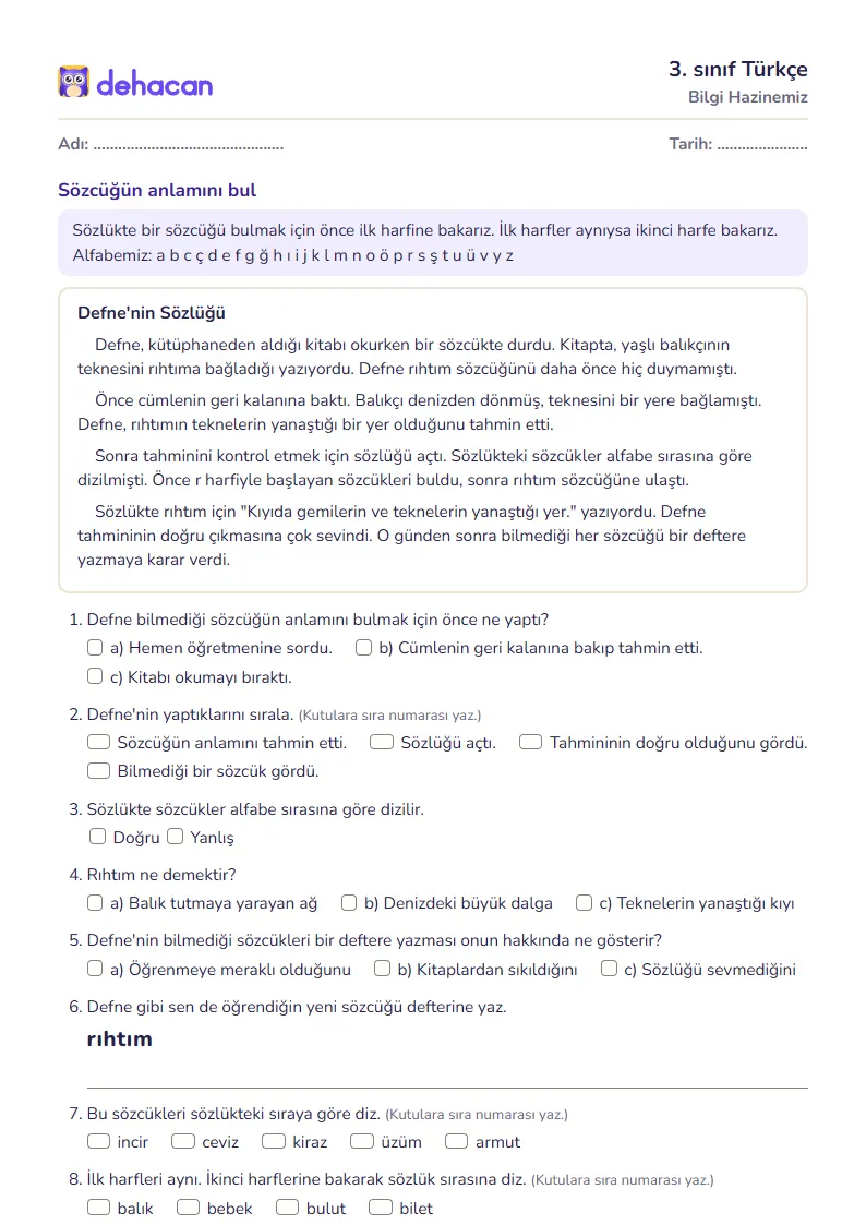 3. sınıf Türkçe çalışma kâğıdı: Bilgi Hazinemiz, sorular ve cevap anahtarı
