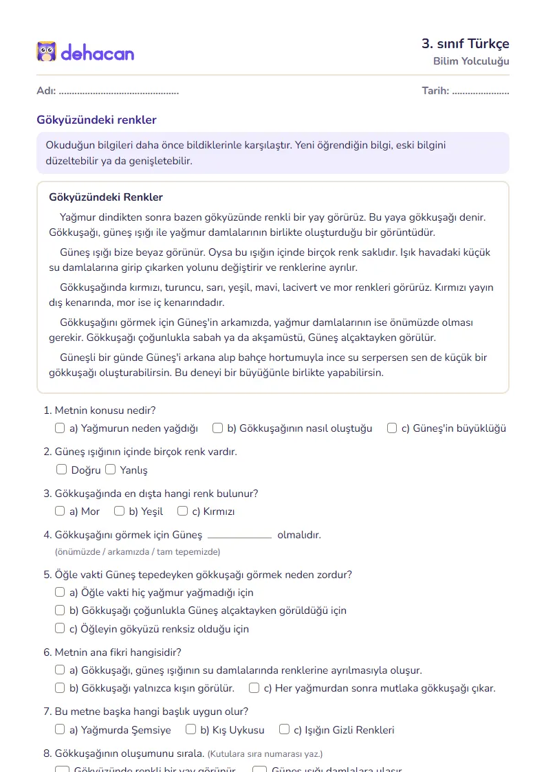 3. sınıf Türkçe çalışma kâğıdı: Bilim Yolculuğu, sorular ve cevap anahtarı