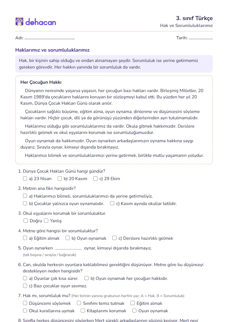 3. sınıf Türkçe çalışma kâğıdı: Hak ve Sorumluluklarımız, sorular ve cevap anahtarı
