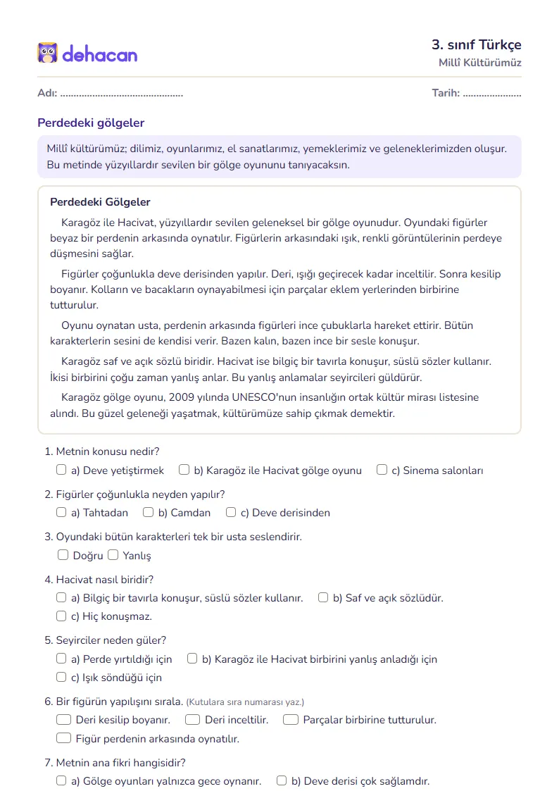 3. sınıf Türkçe çalışma kâğıdı: Millî Kültürümüz, sorular ve cevap anahtarı