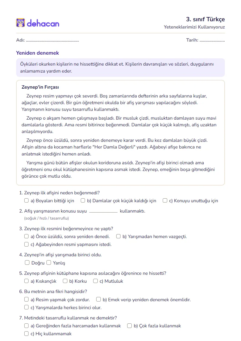 3. sınıf Türkçe çalışma kâğıdı: Yeteneklerimizi Kullanıyoruz, sorular ve cevap anahtarı