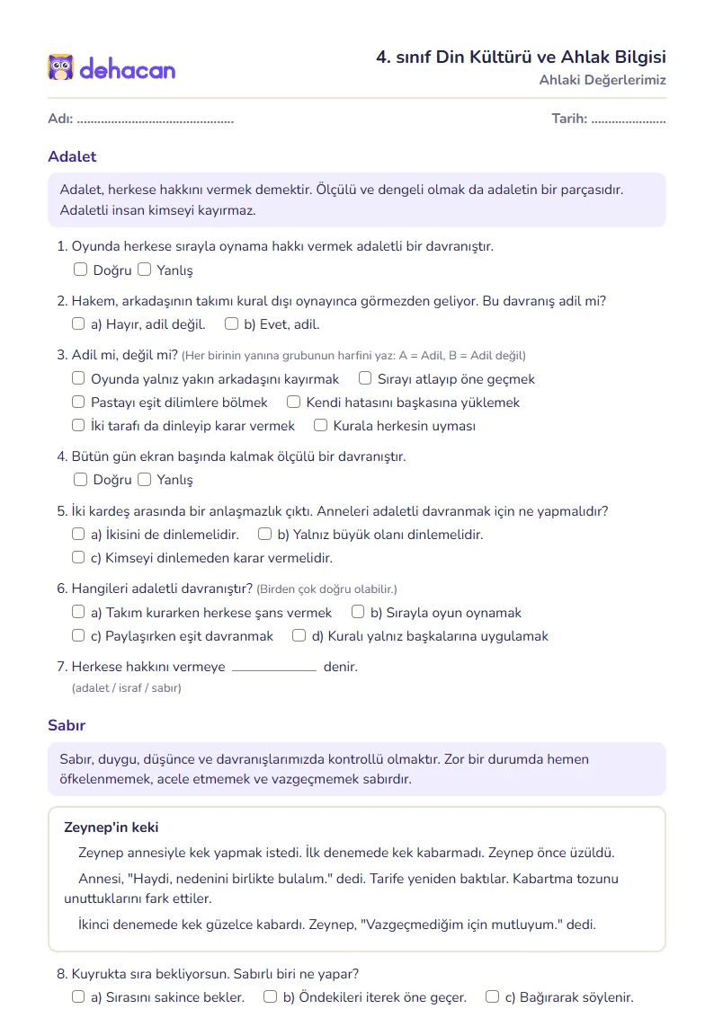 4. sınıf Din Kültürü ve Ahlak Bilgisi çalışma kâğıdı: Ahlaki Değerlerimiz, sorular ve cevap anahtarı