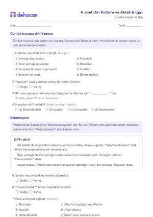 4. sınıf Din Kültürü ve Ahlak Bilgisi çalışma kâğıtları