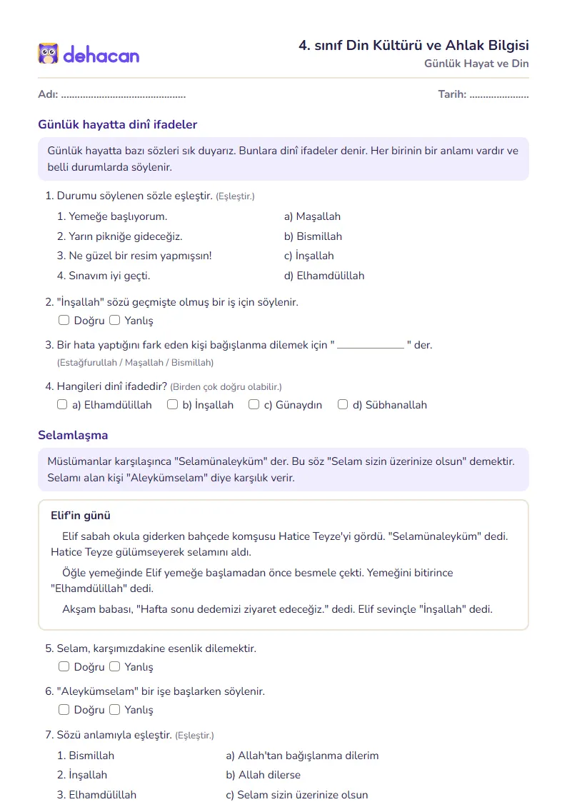 4. sınıf Din Kültürü ve Ahlak Bilgisi çalışma kâğıdı: Günlük Hayat ve Din, sorular ve cevap anahtarı