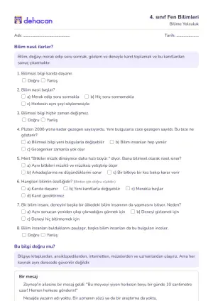 4. sınıf Fen Bilimleri çalışma kâğıtları