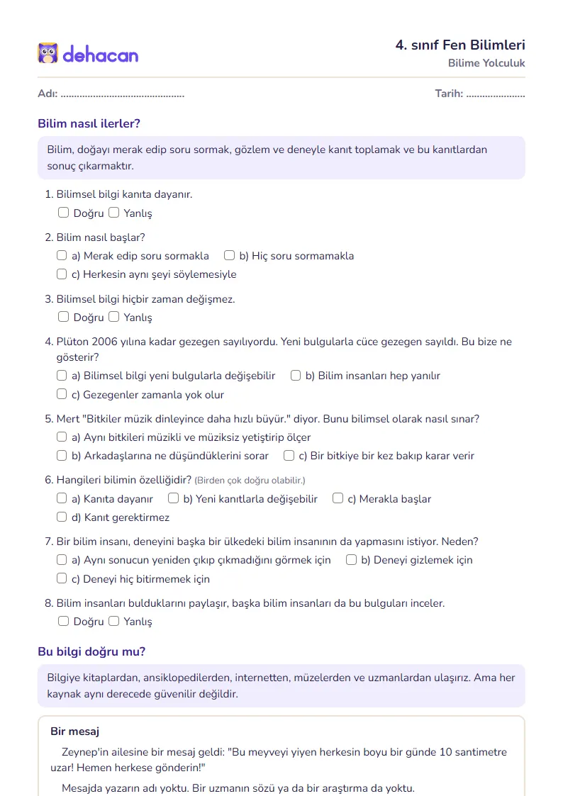 4. sınıf Fen Bilimleri çalışma kâğıdı: Bilime Yolculuk, sorular ve cevap anahtarı