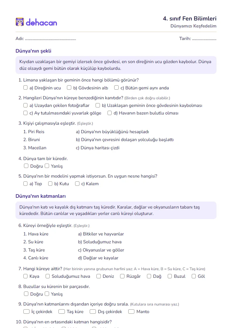 4. sınıf Fen Bilimleri çalışma kâğıdı: Dünyamızı Keşfedelim, sorular ve cevap anahtarı