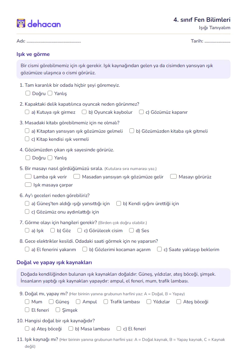 4. sınıf Fen Bilimleri çalışma kâğıdı: Işığı Tanıyalım, sorular ve cevap anahtarı