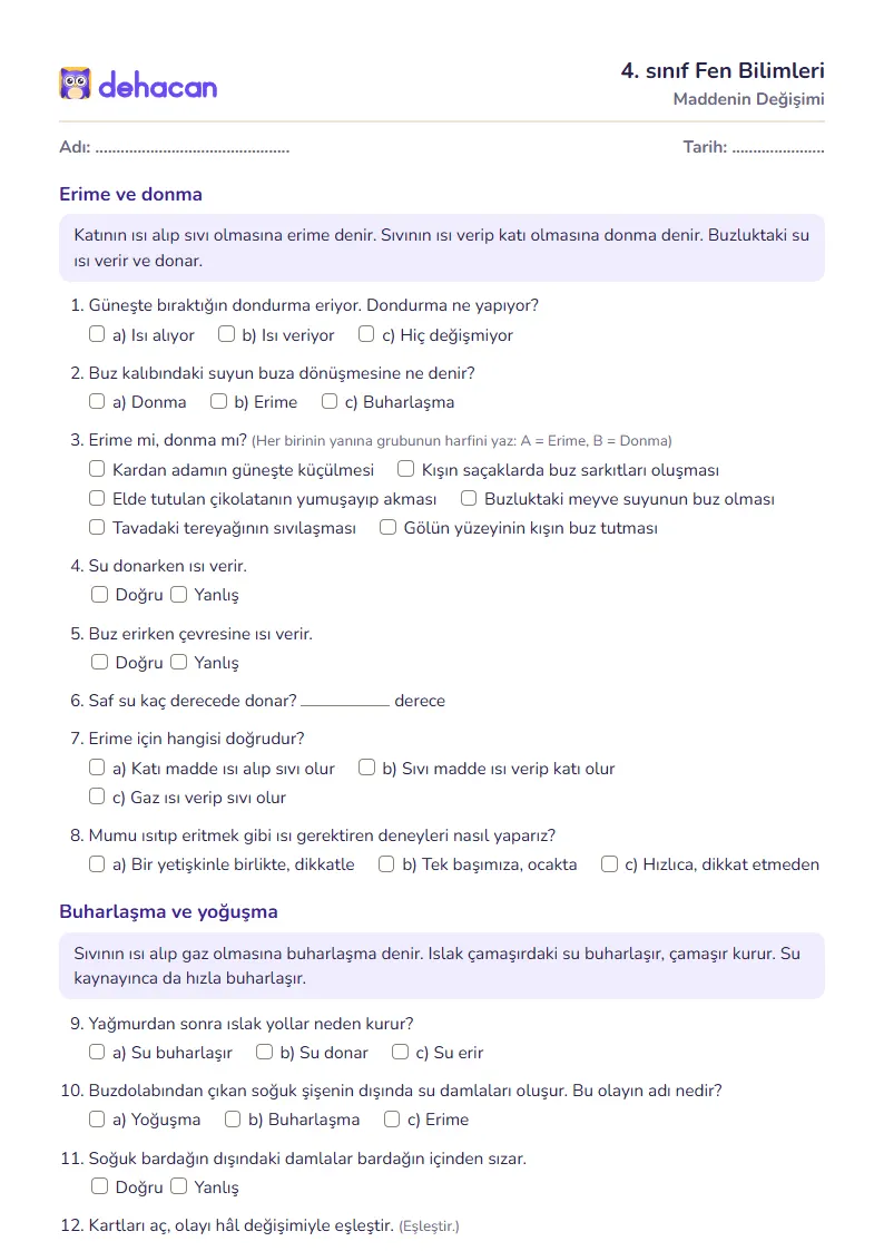 4. sınıf Fen Bilimleri çalışma kâğıdı: Maddenin Değişimi, sorular ve cevap anahtarı