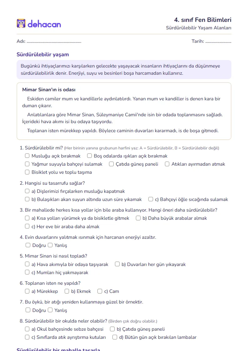 4. sınıf Fen Bilimleri çalışma kâğıdı: Sürdürülebilir Yaşam Alanları, sorular ve cevap anahtarı