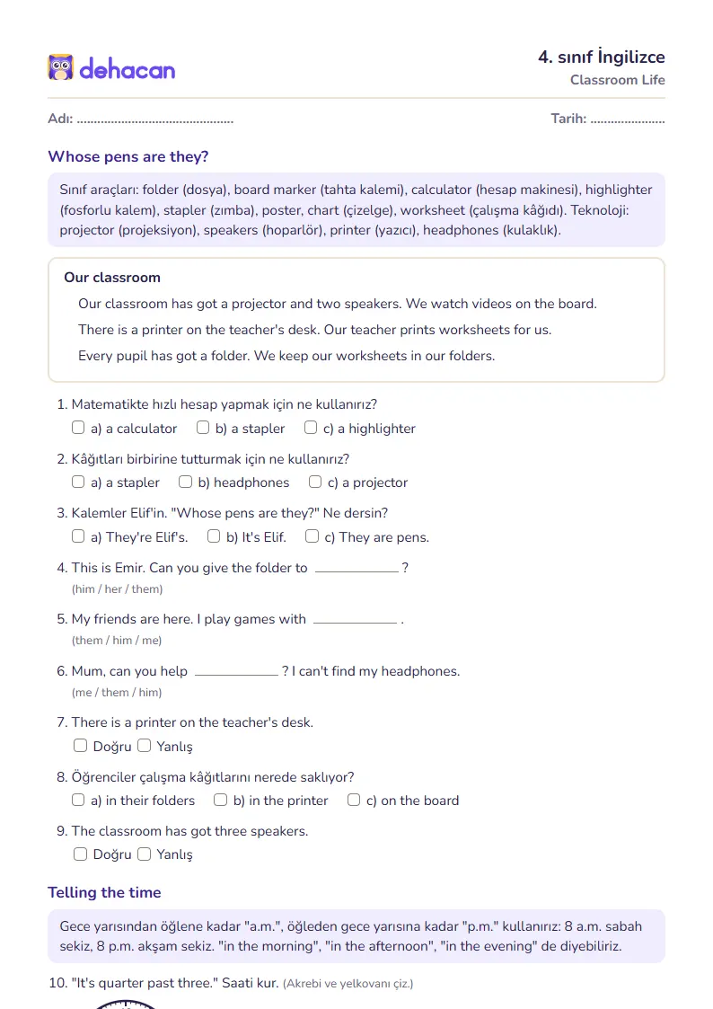 4. sınıf İngilizce çalışma kâğıdı: Classroom Life, sorular ve cevap anahtarı