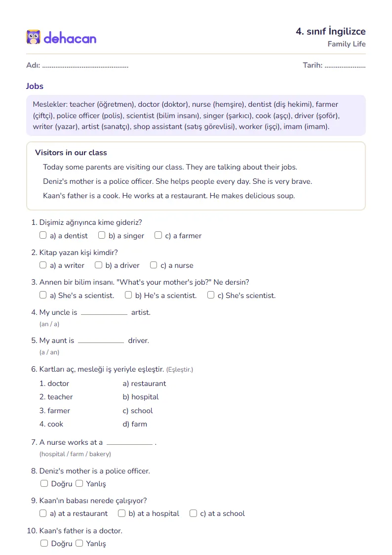 4. sınıf İngilizce çalışma kâğıdı: Family Life, sorular ve cevap anahtarı
