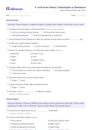 4. sınıf İnsan Hakları, Vatandaşlık ve Demokrasi çalışma kâğıtları
