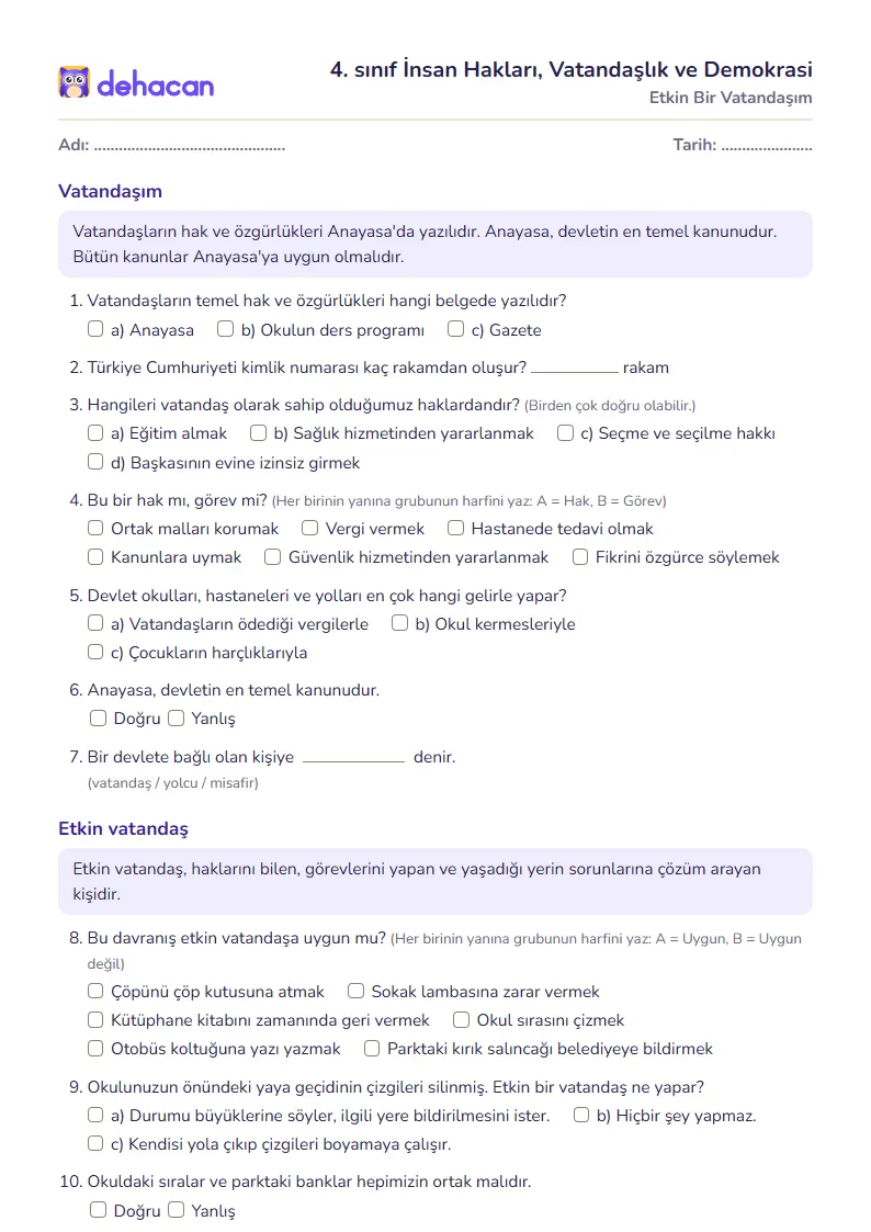 4. sınıf İnsan Hakları, Vatandaşlık ve Demokrasi çalışma kâğıdı: Etkin Bir Vatandaşım, sorular ve cevap anahtarı