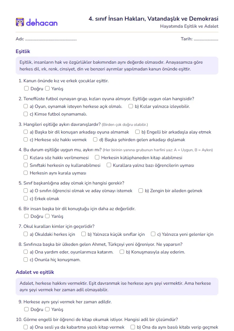 4. sınıf İnsan Hakları, Vatandaşlık ve Demokrasi çalışma kâğıdı: Hayatımda Eşitlik ve Adalet, sorular ve cevap anahtarı