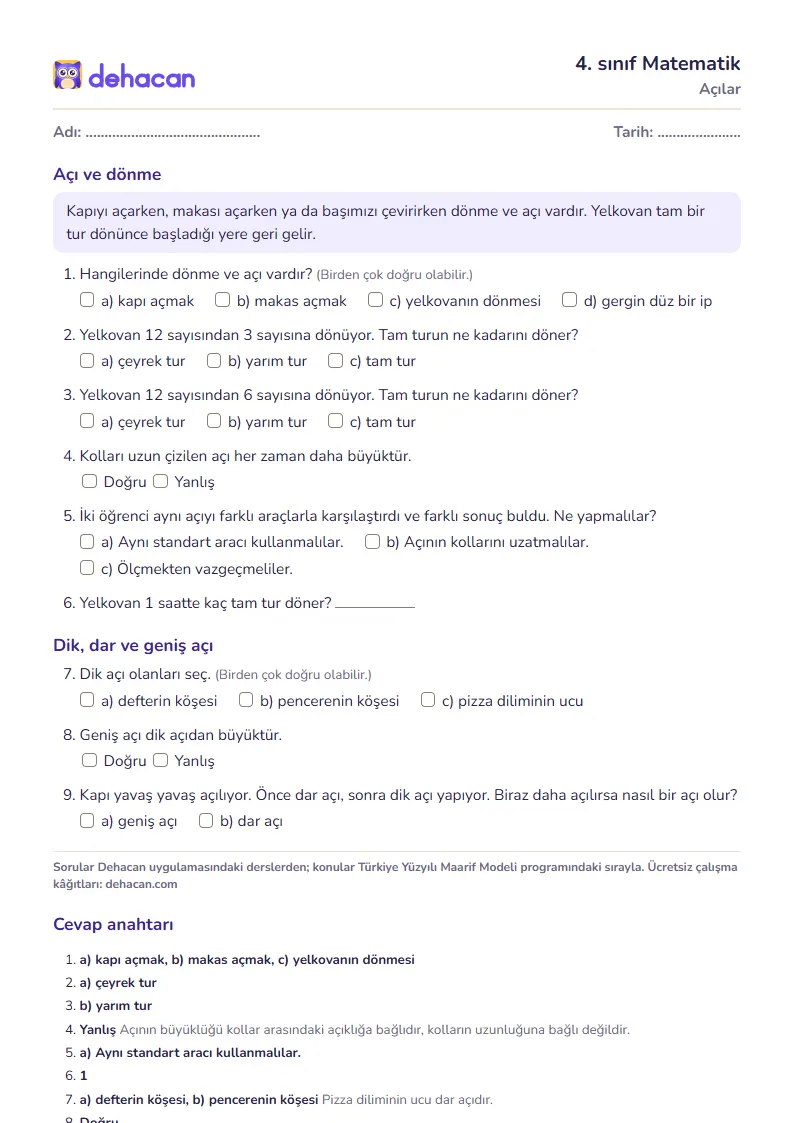 4. sınıf Matematik çalışma kâğıdı: Açılar, sorular ve cevap anahtarı