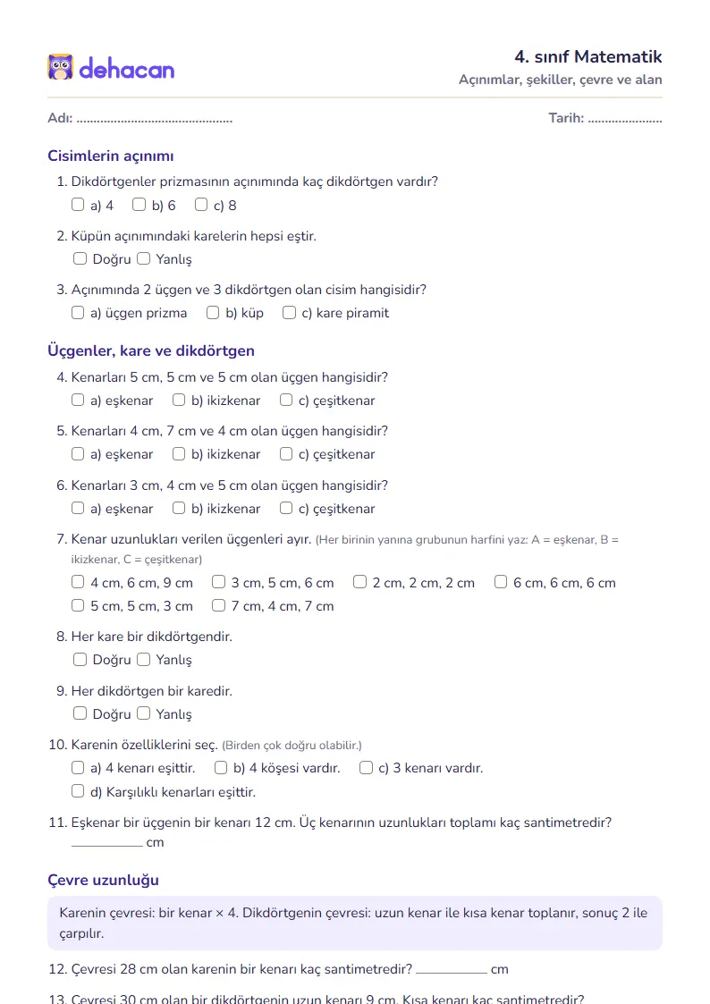 4. sınıf Matematik çalışma kâğıdı: Açınımlar, şekiller, çevre ve alan, sorular ve cevap anahtarı