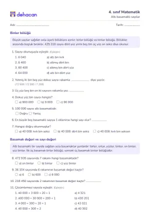 4. sınıf Matematik çalışma kâğıtları
