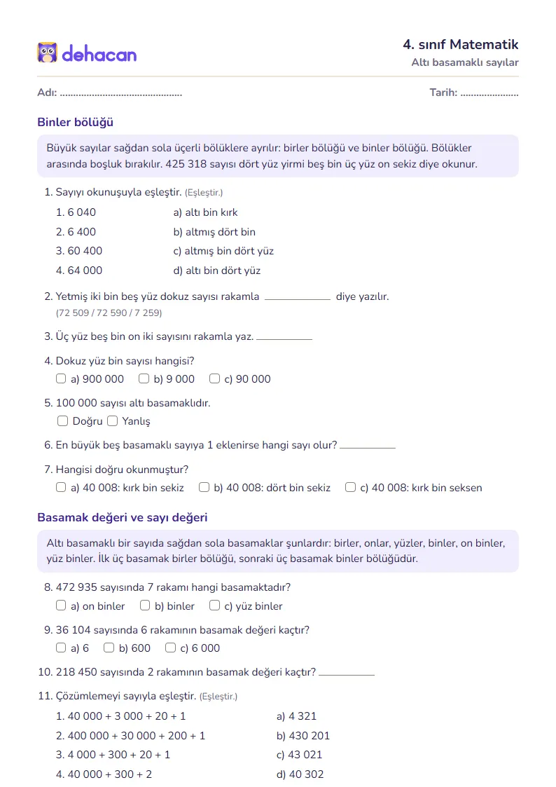 4. sınıf Matematik çalışma kâğıdı: Altı basamaklı sayılar, sorular ve cevap anahtarı