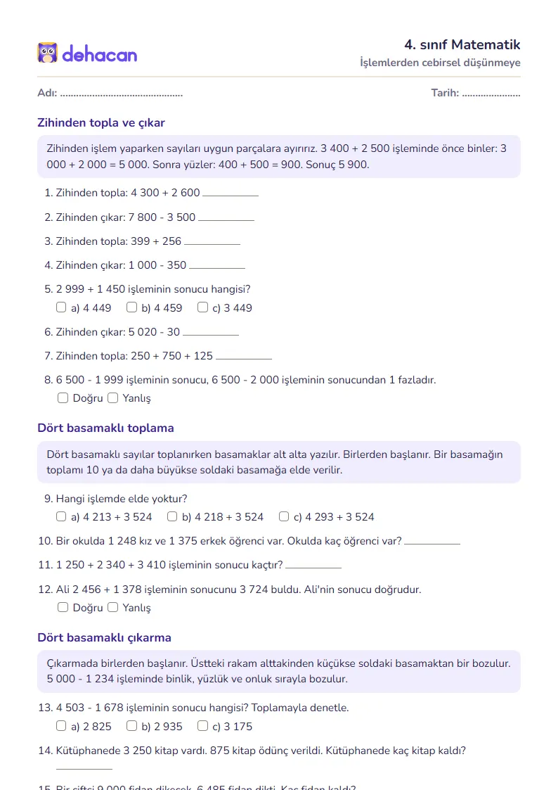 4. sınıf Matematik çalışma kâğıdı: İşlemlerden cebirsel düşünmeye, sorular ve cevap anahtarı