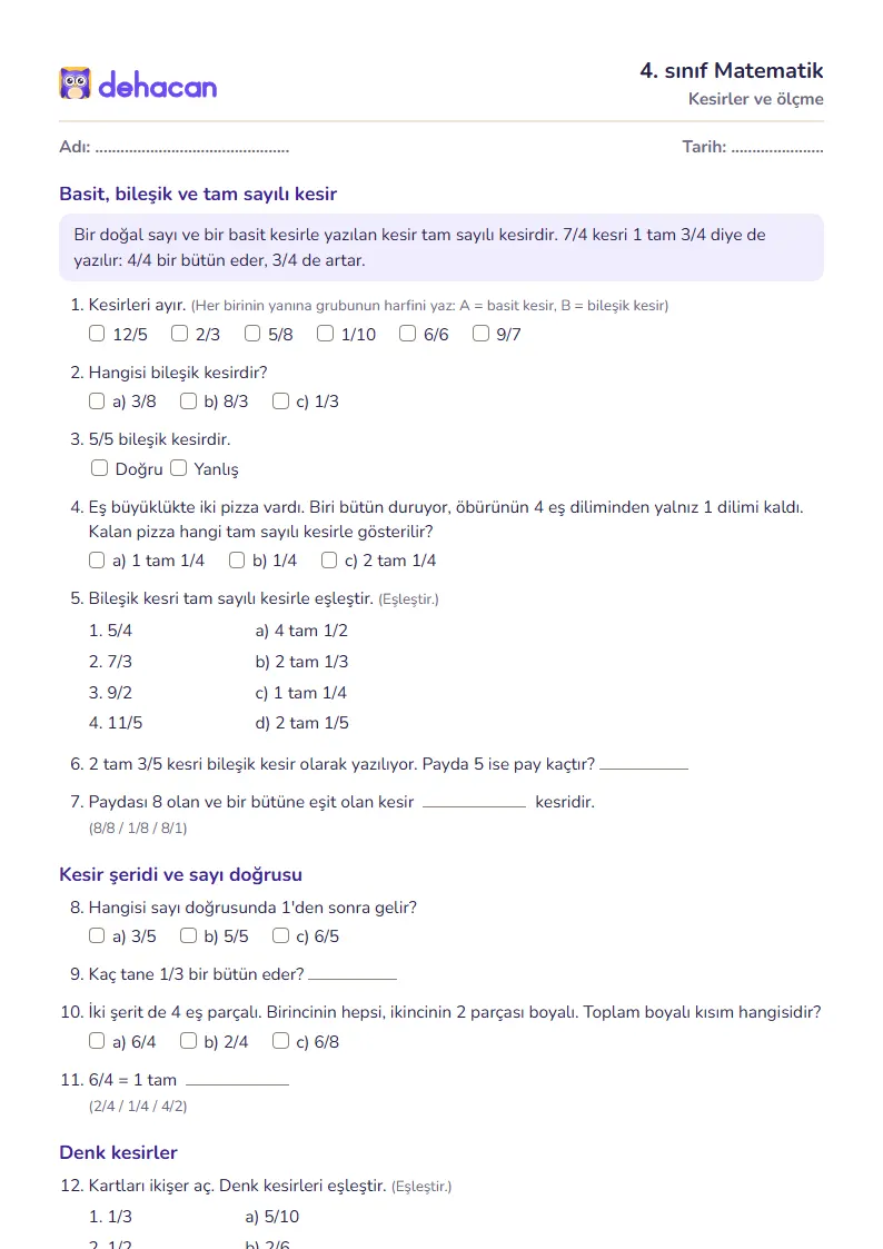 4. sınıf Matematik çalışma kâğıdı: Kesirler ve ölçme, sorular ve cevap anahtarı