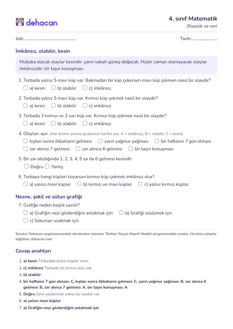 4. sınıf Matematik çalışma kâğıdı: Olasılık ve veri, sorular ve cevap anahtarı