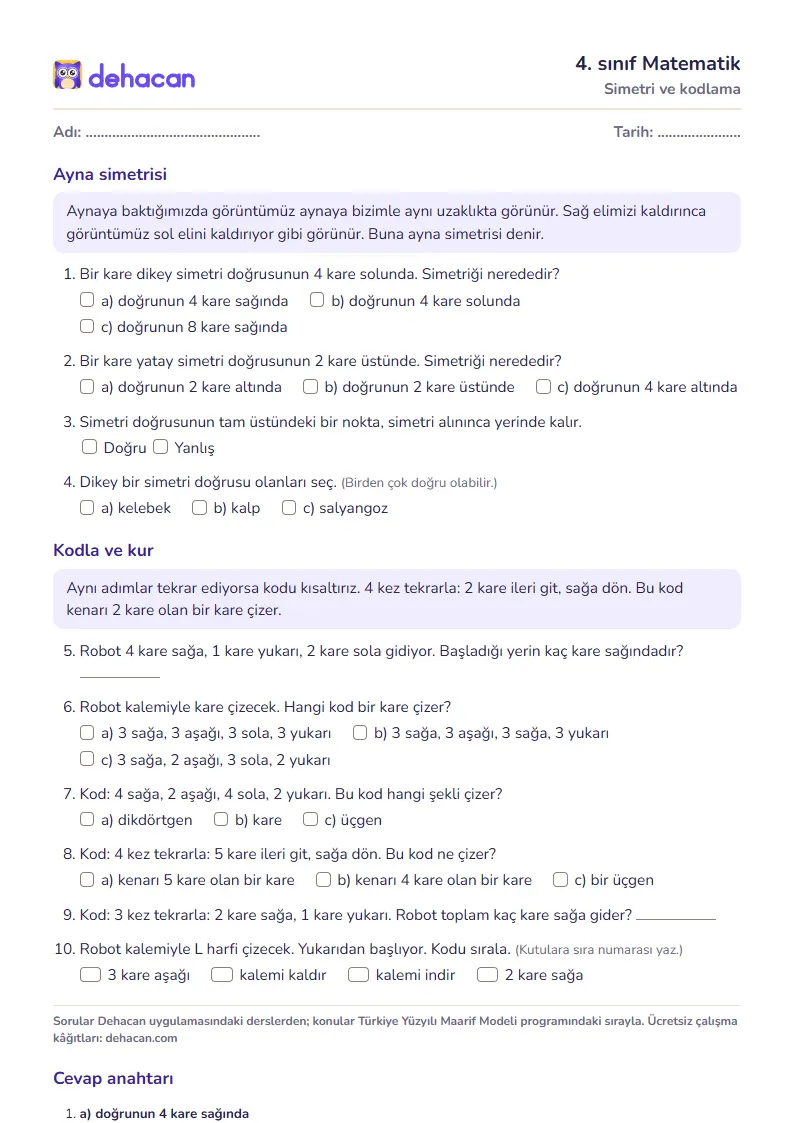 4. sınıf Matematik çalışma kâğıdı: Simetri ve kodlama, sorular ve cevap anahtarı
