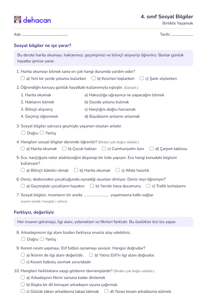 4. sınıf Sosyal Bilgiler çalışma kâğıdı: Birlikte Yaşamak, sorular ve cevap anahtarı
