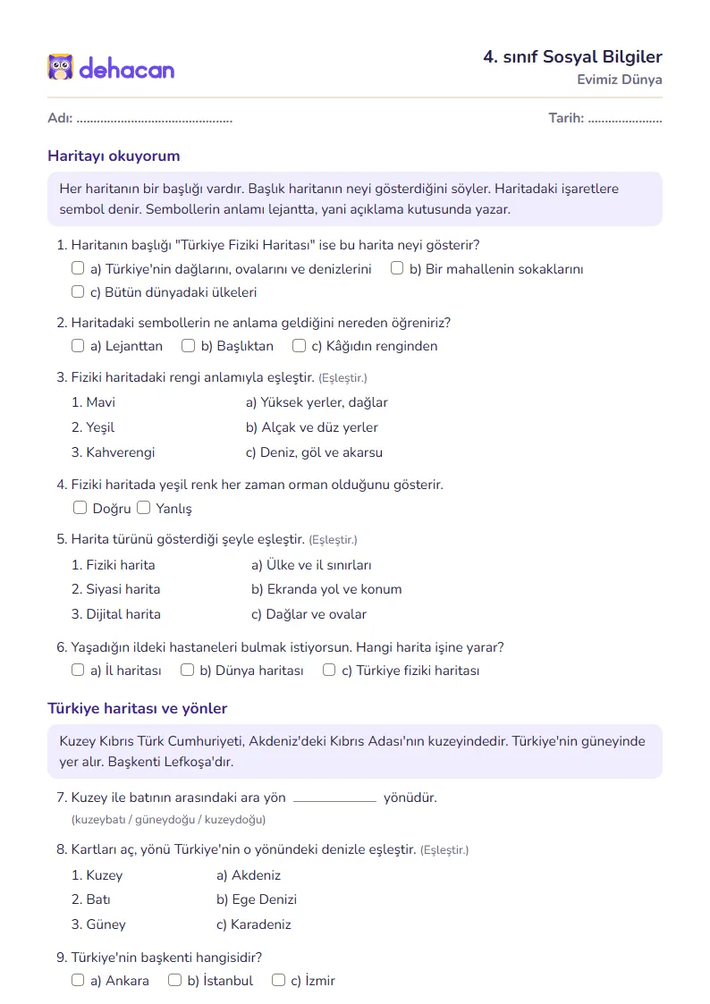 4. sınıf Sosyal Bilgiler çalışma kâğıdı: Evimiz Dünya, sorular ve cevap anahtarı