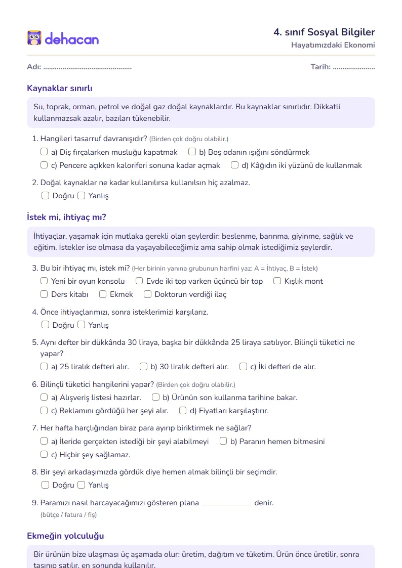 4. sınıf Sosyal Bilgiler çalışma kâğıdı: Hayatımızdaki Ekonomi, sorular ve cevap anahtarı