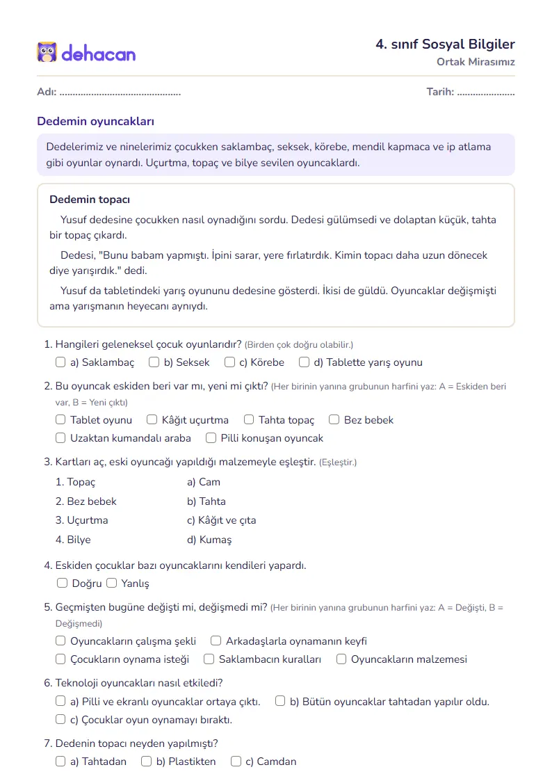 4. sınıf Sosyal Bilgiler çalışma kâğıdı: Ortak Mirasımız, sorular ve cevap anahtarı