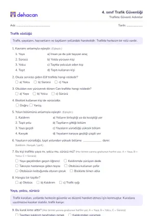 4. sınıf Trafik Güvenliği çalışma kâğıtları