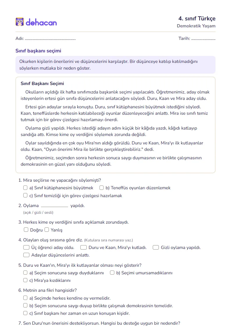 4. sınıf Türkçe çalışma kâğıdı: Demokratik Yaşam, sorular ve cevap anahtarı