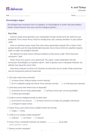 4. sınıf Türkçe çalışma kâğıtları