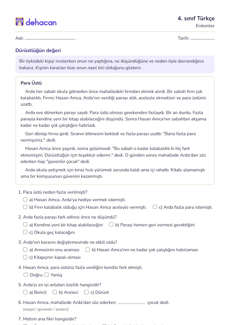 4. sınıf Türkçe çalışma kâğıdı: Erdemler, sorular ve cevap anahtarı