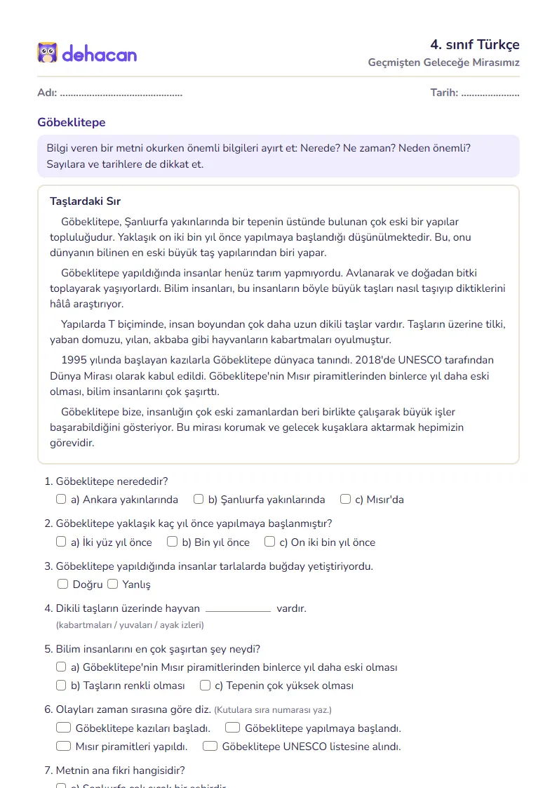 4. sınıf Türkçe çalışma kâğıdı: Geçmişten Geleceğe Mirasımız, sorular ve cevap anahtarı