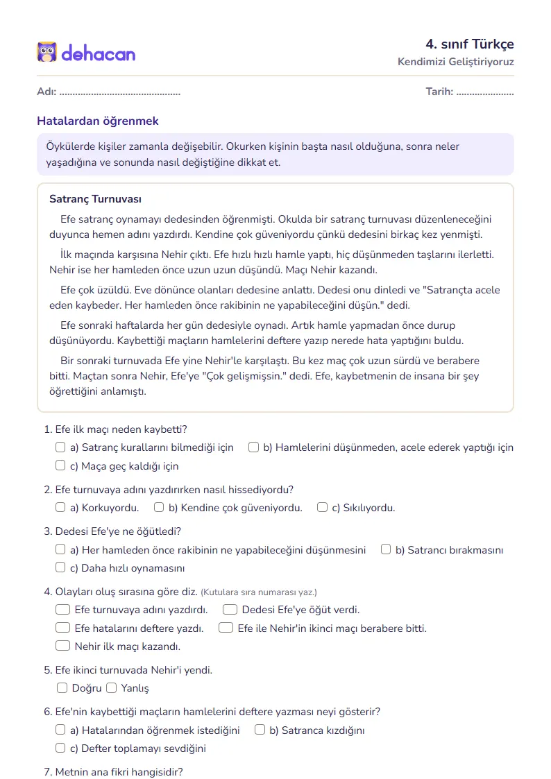 4. sınıf Türkçe çalışma kâğıdı: Kendimizi Geliştiriyoruz, sorular ve cevap anahtarı