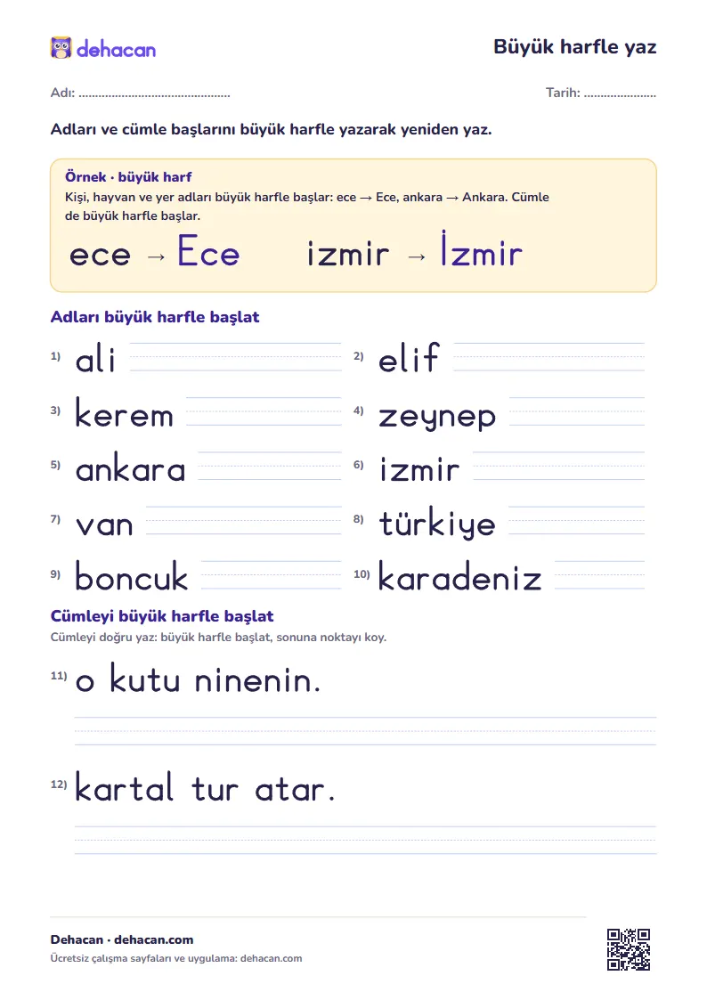 Büyük harf çalışma kâğıdı 1. sınıf: adları ve cümle başlarını büyük harfle yazma, dik temel yazıyla