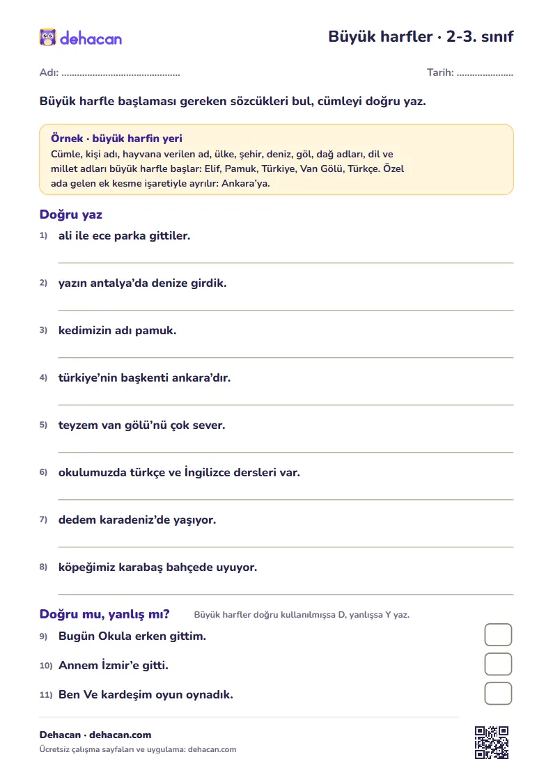 Büyük harflerin kullanımı çalışma kâğıdı 2. ve 3. sınıf: cümle başı, özel adlar, düzeltme