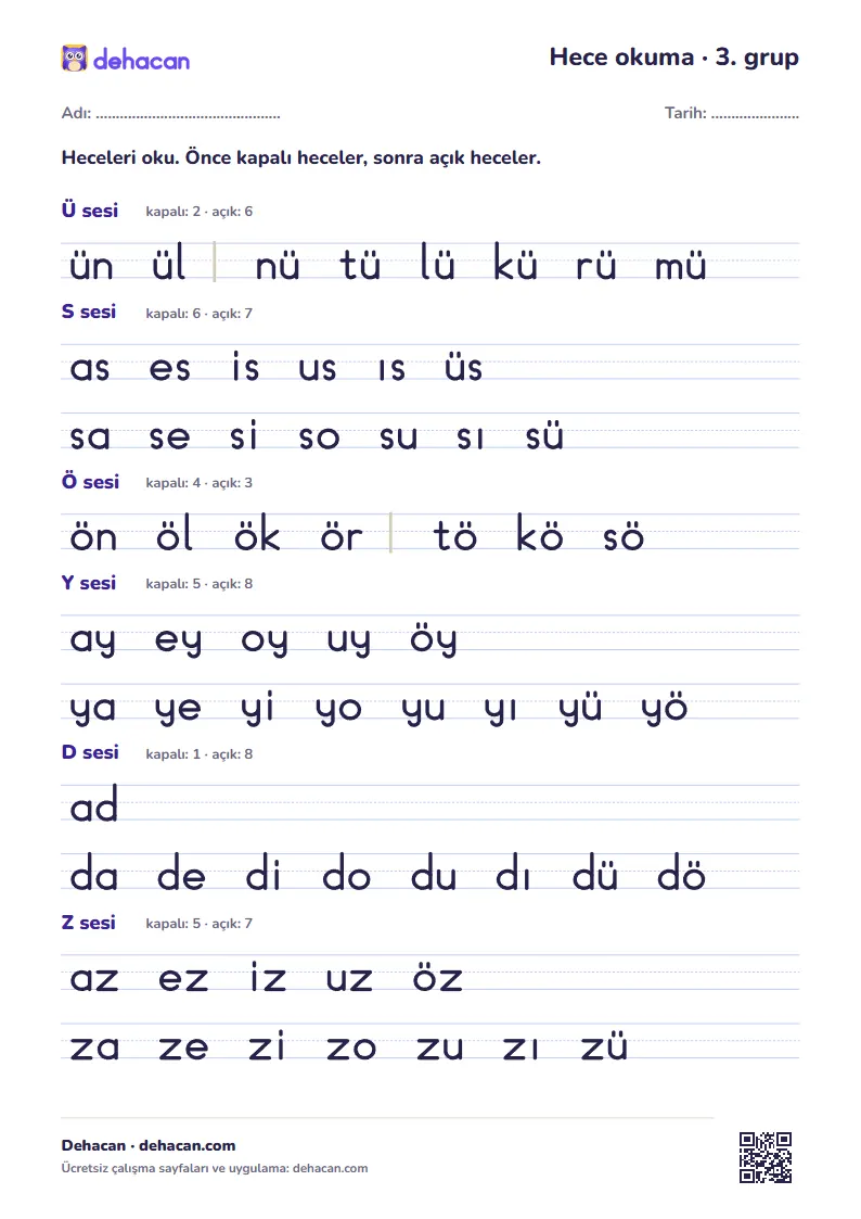 3. ses grubu hece okuma çalışma kâğıdı: ü, s, ö, y, d, z sesleriyle kapalı ve açık heceler, dik temel yazıyla
